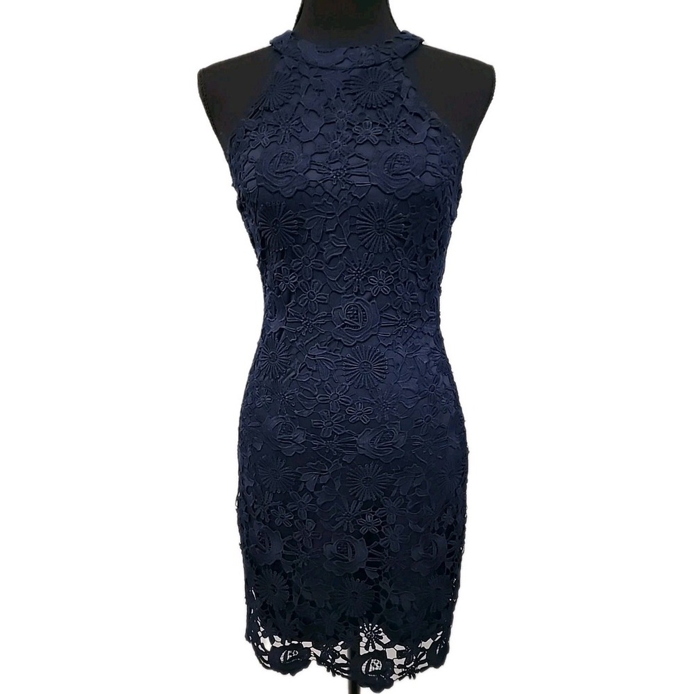 Lulu's Wedding Guest Dress Mini M Navy Blue Crochet Lace Overlay Summer Chic
